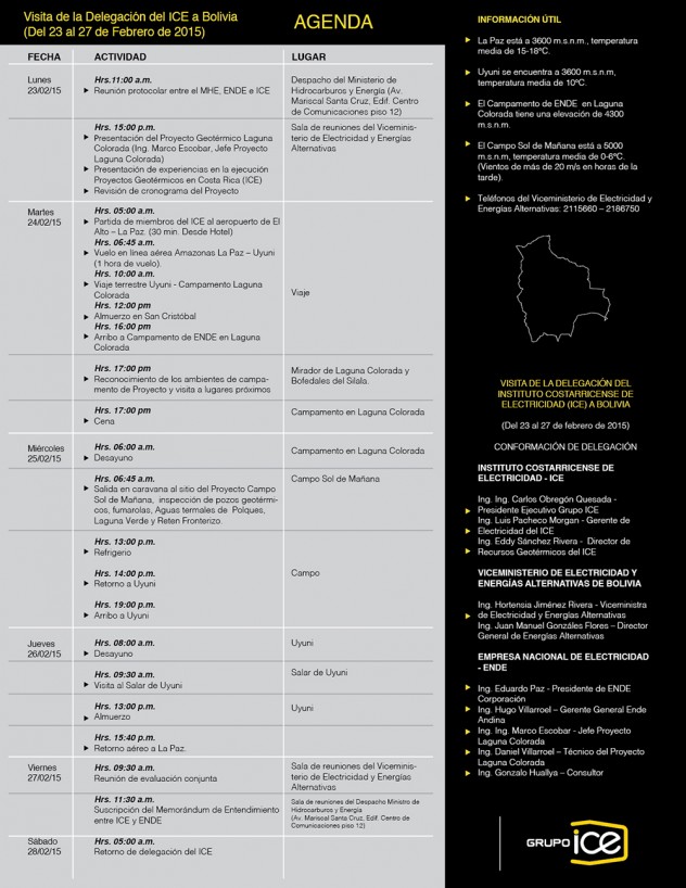 Agenda Misión ICE a Bolivia